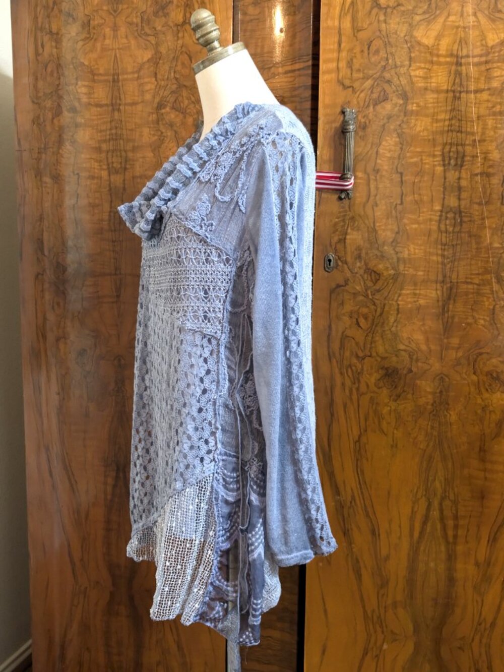 Simply Couture Blue Lace Patchwork Tunic Top XL Cowl Neck Boho Fairy Crochet - Picture 5 of 7